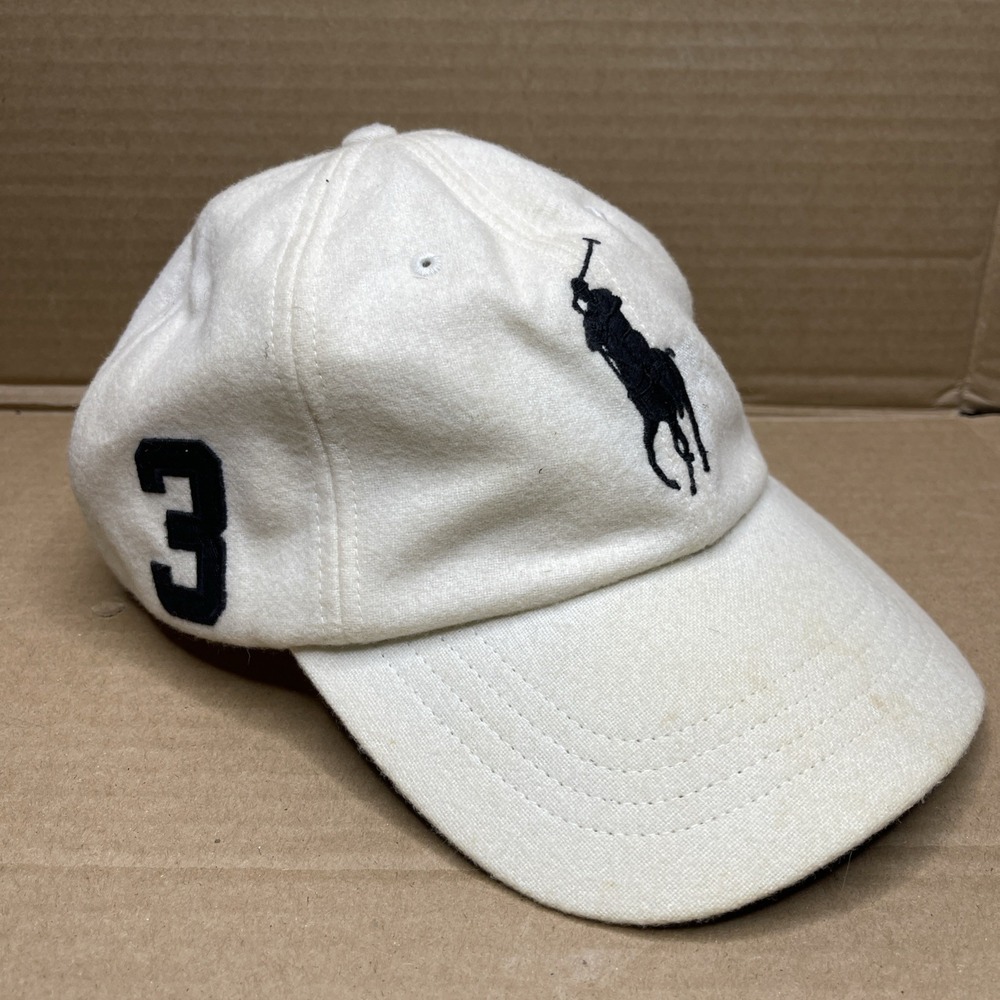Polo Ralph Lauren Big Pony 3 Strapback Hat Cap Cream Black Adjustable Wool VTG